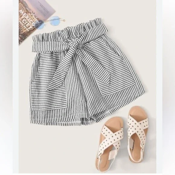 Zara Tie Waist Pinstripe Paperbag Shorts Charcoal White - Picture 1 of 6